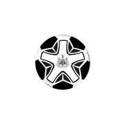 Black and white soccer ball with Newcastle United logo on a white background