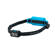 Black and blue headlamp with LED lenser branding on a white background