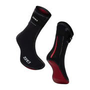 Black and red neoprene socks with Zone3 branding on a white background.
