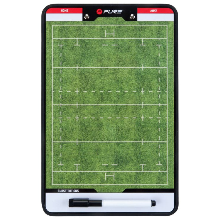 Coaching board with rugby field design on a white background