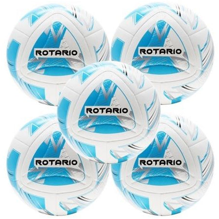 Five blue and white Rotario soccer balls on a white background
