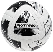 White and black soccer ball with 'Rotario' branding on a white background