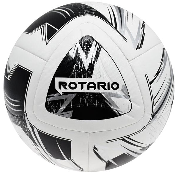 White and black soccer ball with 'Rotario' branding on a white background