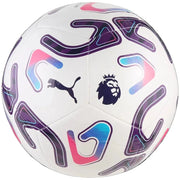 A white Puma soccer ball featuring the Premier League logo and a black Puma cat logo, decorated with purple and pink graphic patterns, set against a solid black background.