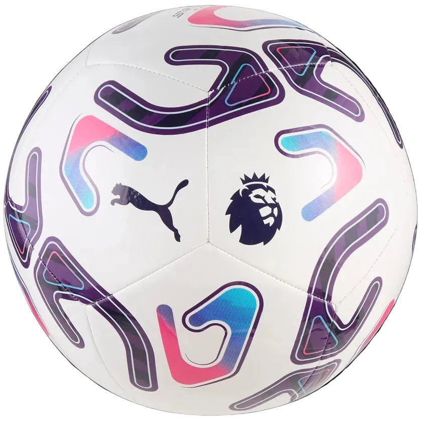A white Puma soccer ball featuring the Premier League logo and a black Puma cat logo, decorated with purple and pink graphic patterns, set against a solid black background.