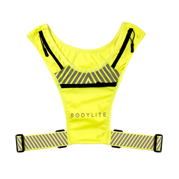 Yellow reflective safety vest with black accents on a white background