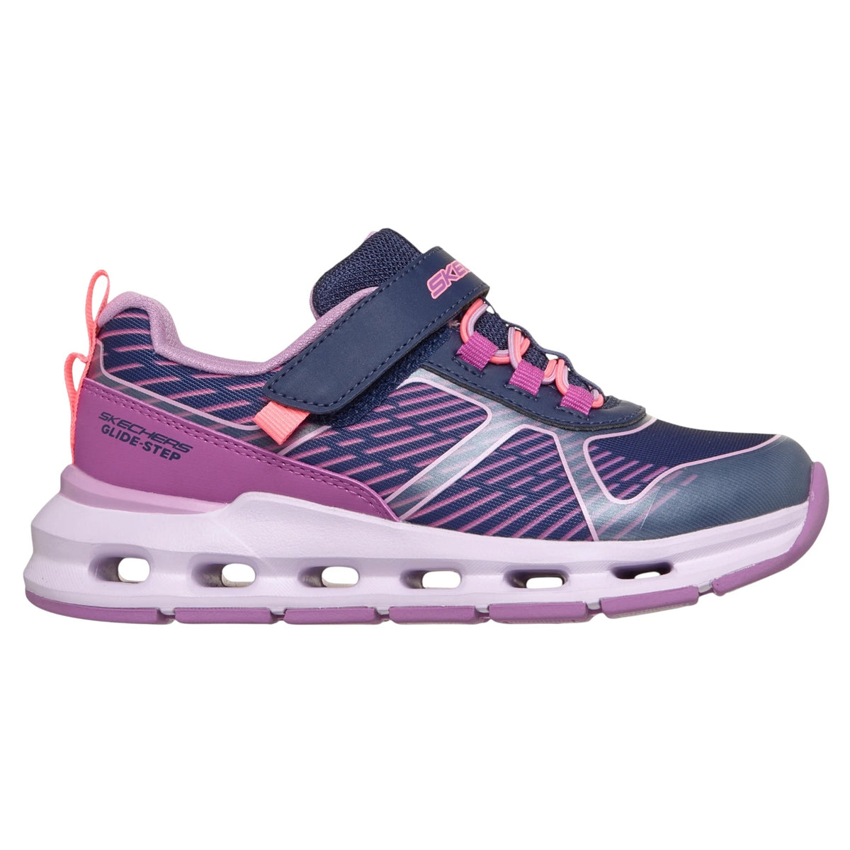 A kids' athletic sneaker in navy blue, purple, and pink, featuring a hook-and-loop strap closure, a thick cushioned sole with air-like cutouts, and the text 'SKELETON GLIDE STEP' on the side.