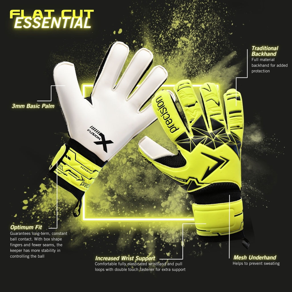 Precision Fusion X Flat Cut Essential Goalkeeper Gloves Flo Yellow