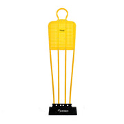 Three yellow Precision target stands with black weighted bases, arranged side by side on a white background.