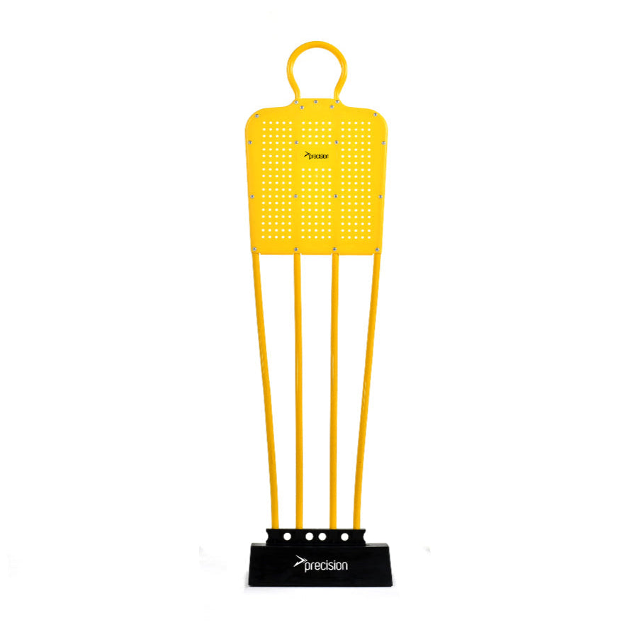 Three yellow Precision target stands with black weighted bases, arranged side by side on a white background.