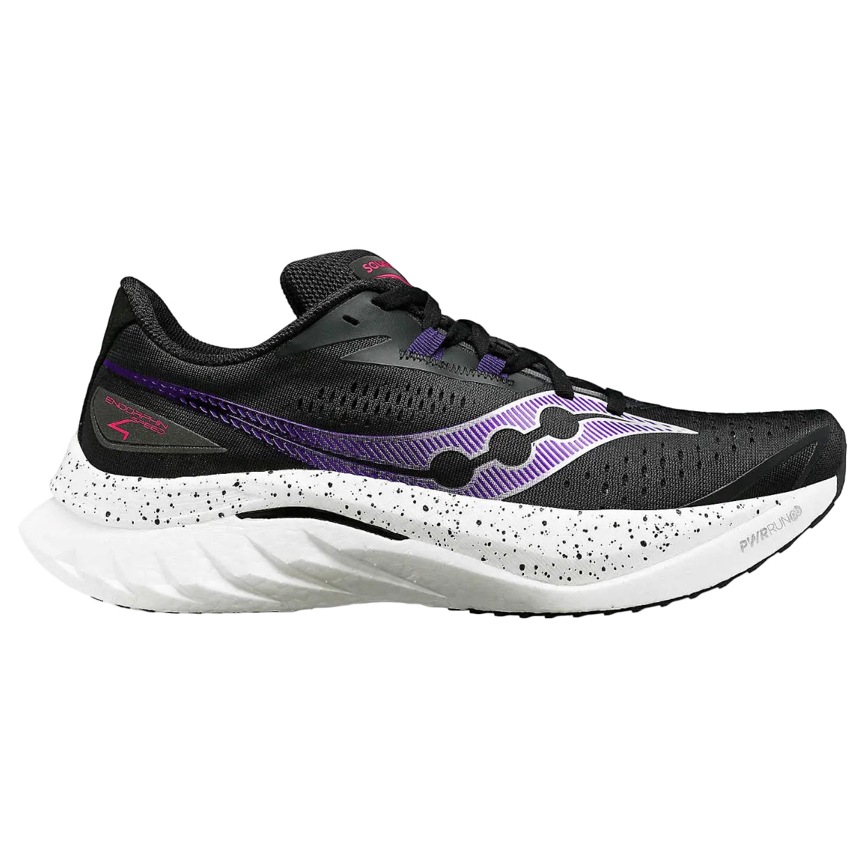 Black and purple running shoe with white sole on a white background