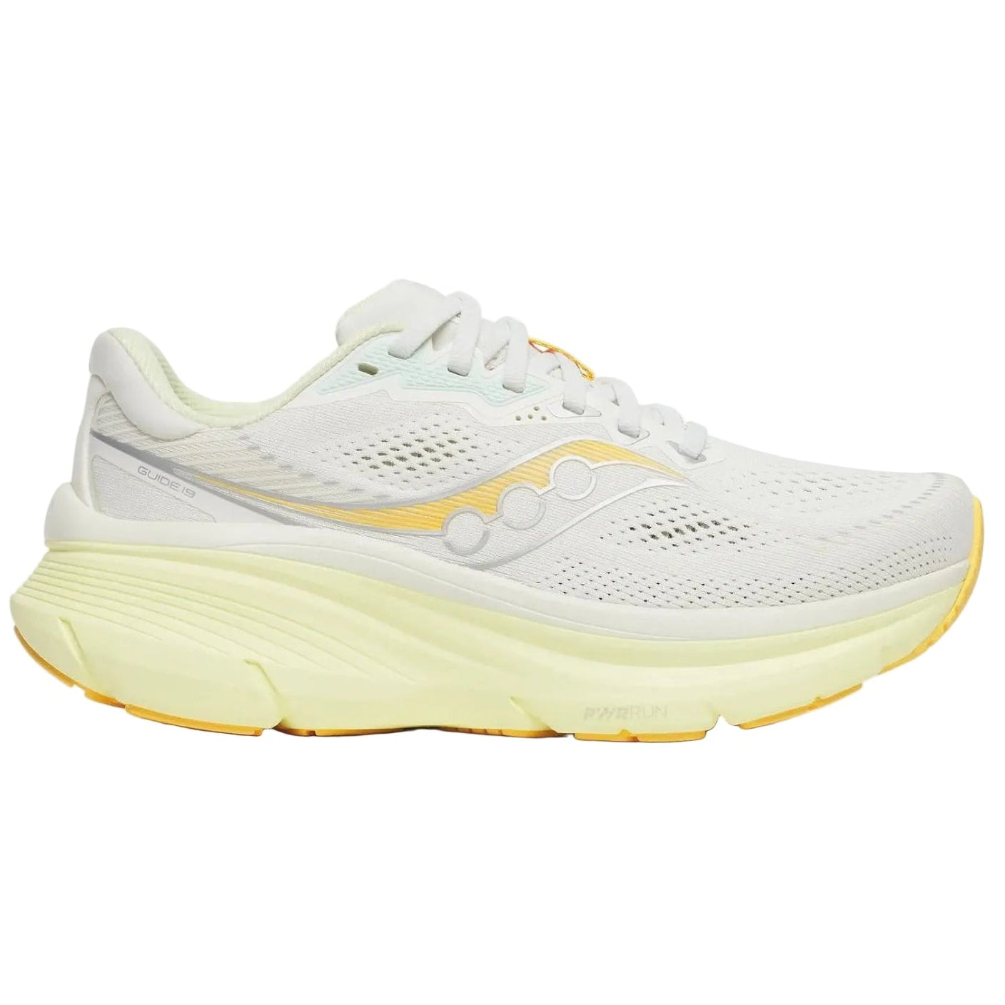 White running shoe with yellow sole on a white background