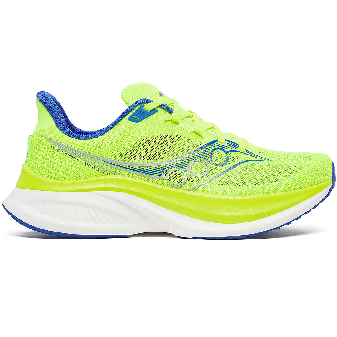Bright yellow running shoe with blue accents on a white background