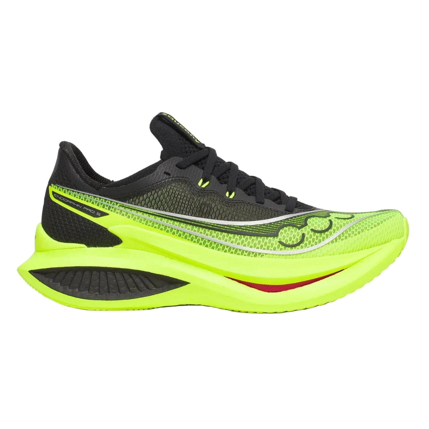 Black and neon green running shoe on a white background