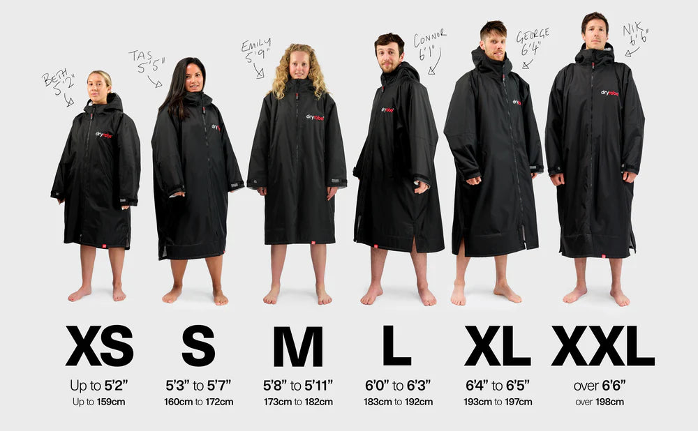 Black raincoats displayed on models with size chart below