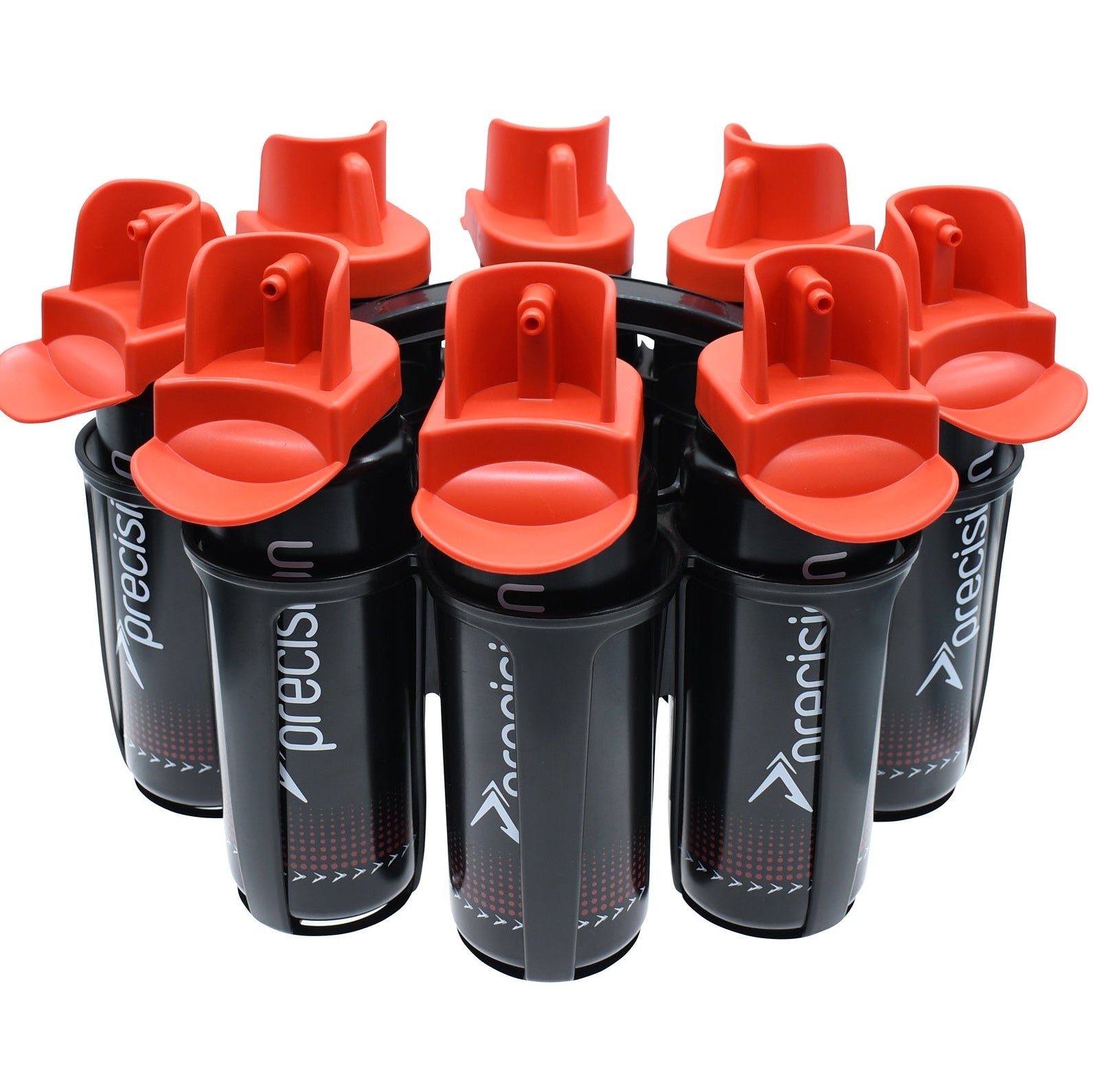 Set of black and red shaker bottles with 'Piranha' branding on a white background