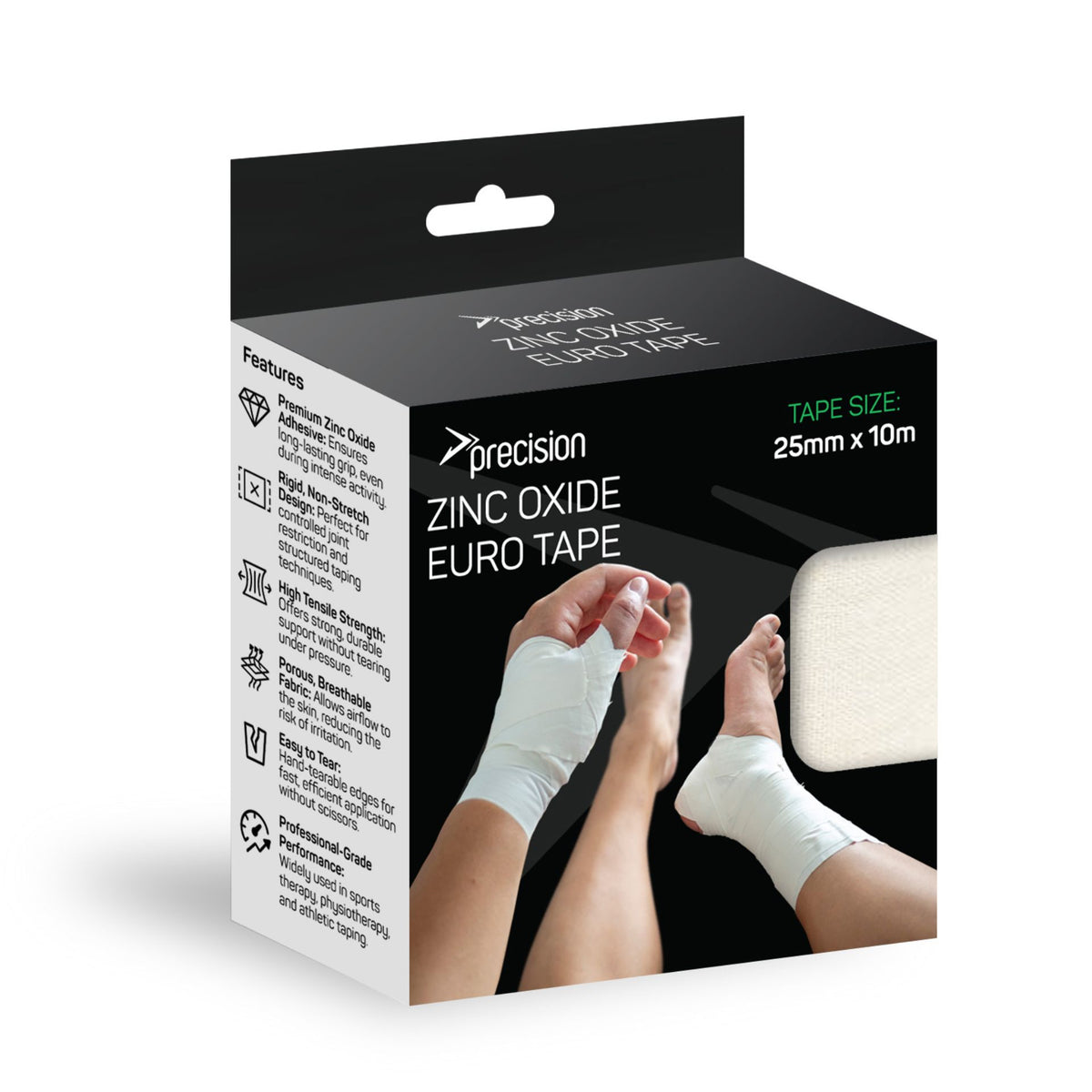 Box of Precision Zinc Oxide Euro Tape with a person applying tape on a foot.