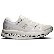 A white On running shoe with a chunky, segmented sole, shown in a side profile on a white background.