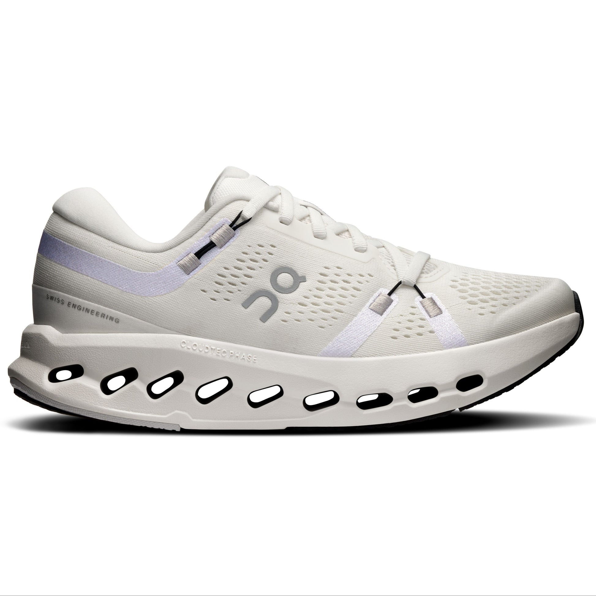 A white On running shoe with a chunky, segmented sole, shown in a side profile on a white background.