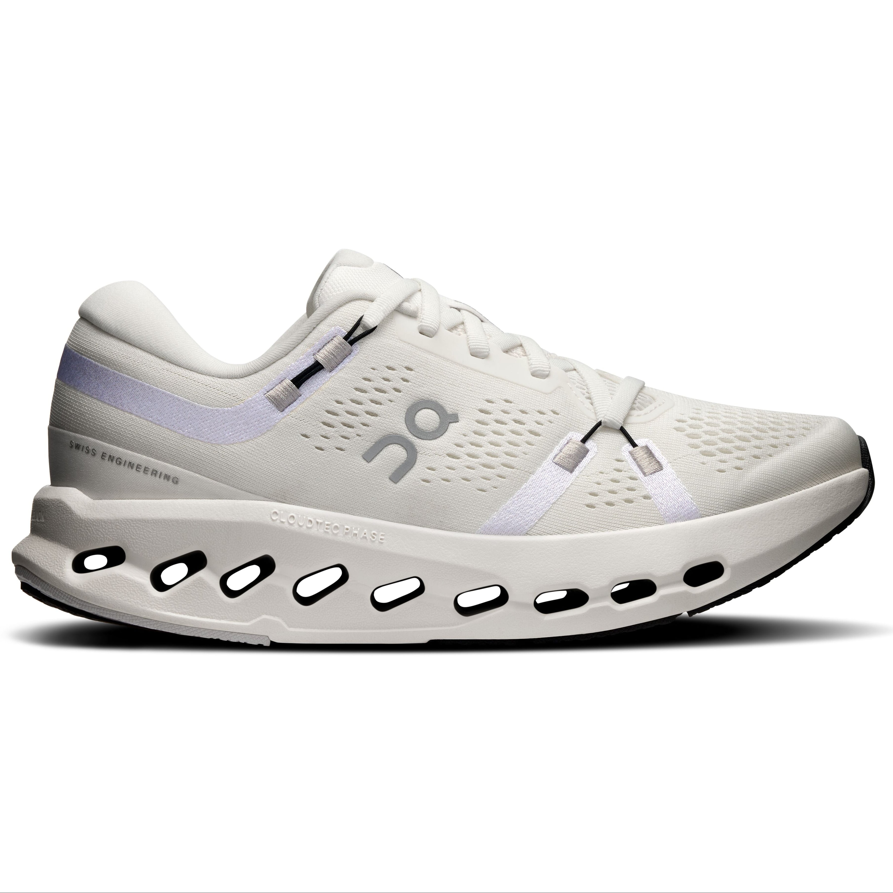 A white On running shoe with a chunky, segmented sole, shown in a side profile on a white background.