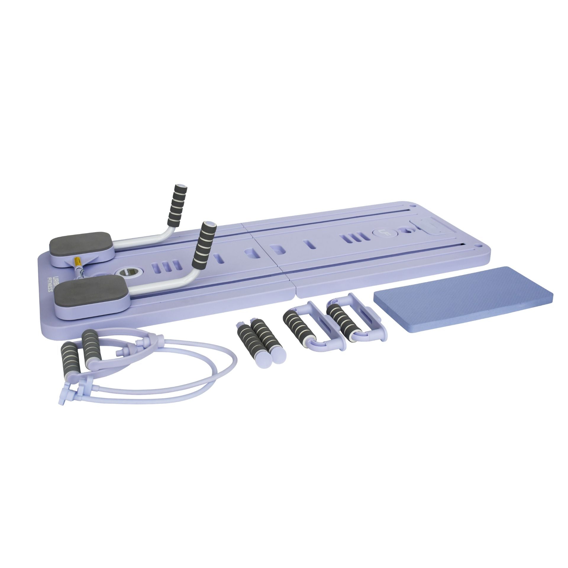Home exercise equipment with resistance bands and foot pedal on a white background