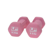 Pair of pink dumbbells with a brand logo on a white background