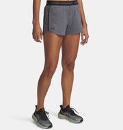 Person wearing Under Armour shorts and running shoes on a white background