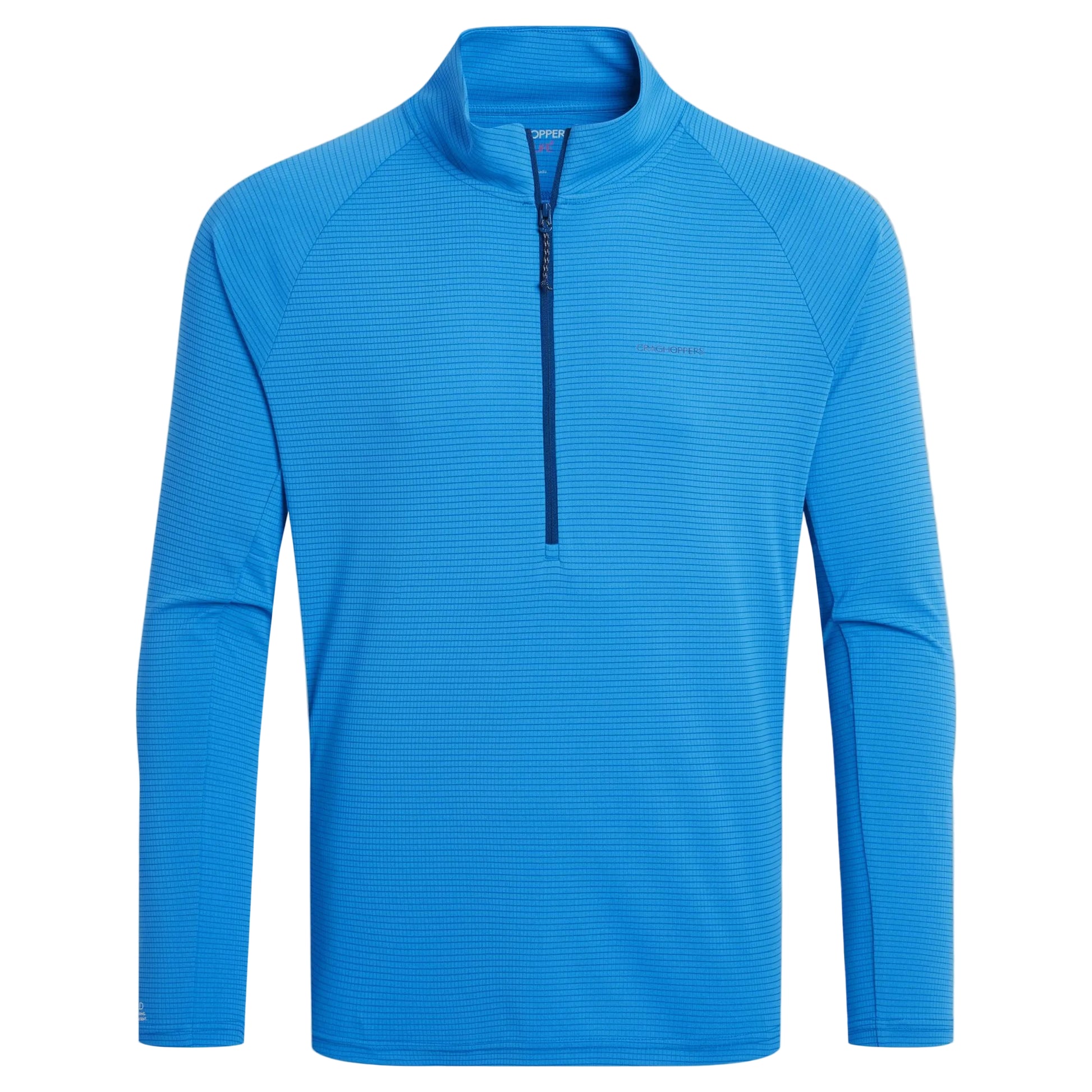 Blue long-sleeve shirt with a quarter zip on a beige background