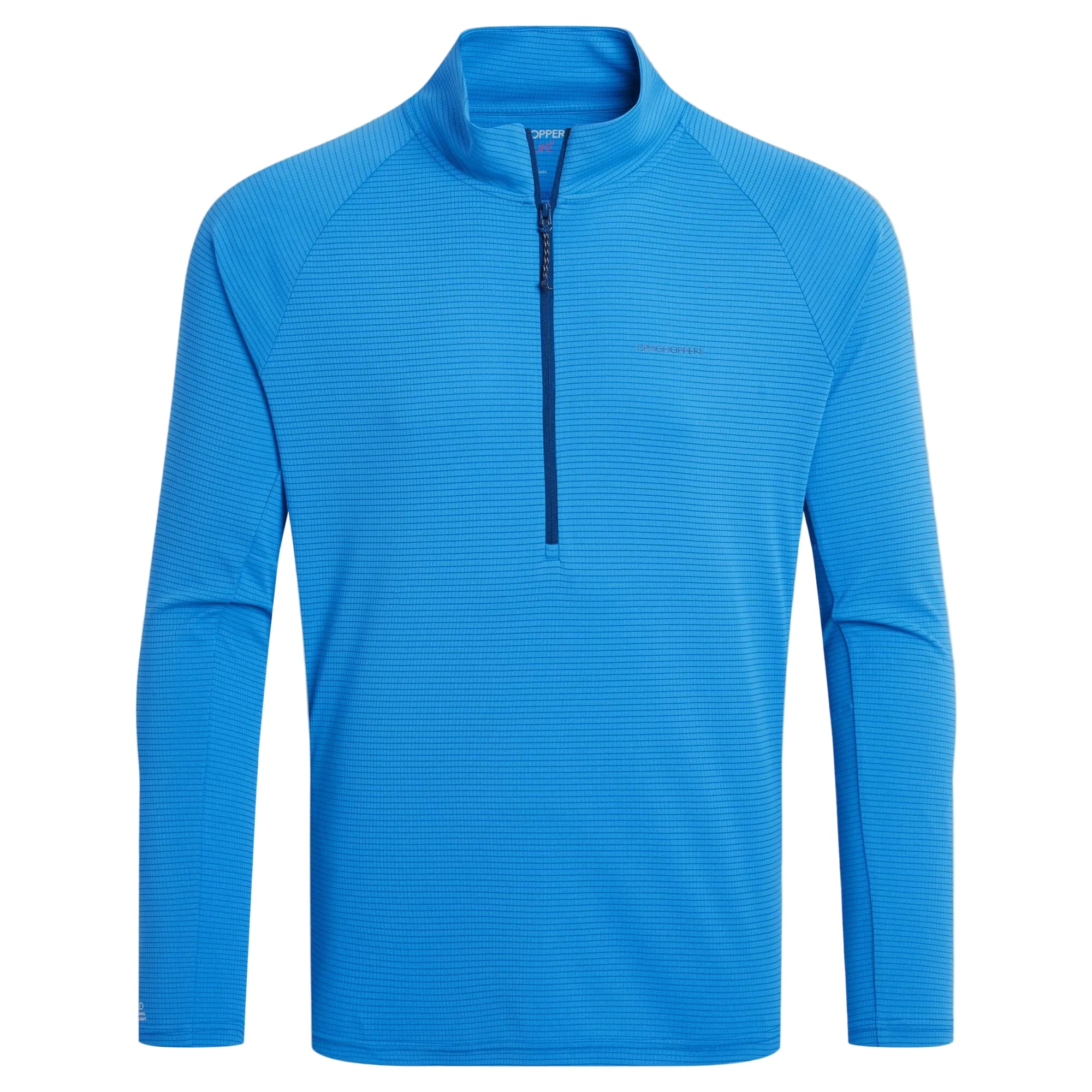 Blue long-sleeve shirt with a quarter zip on a beige background