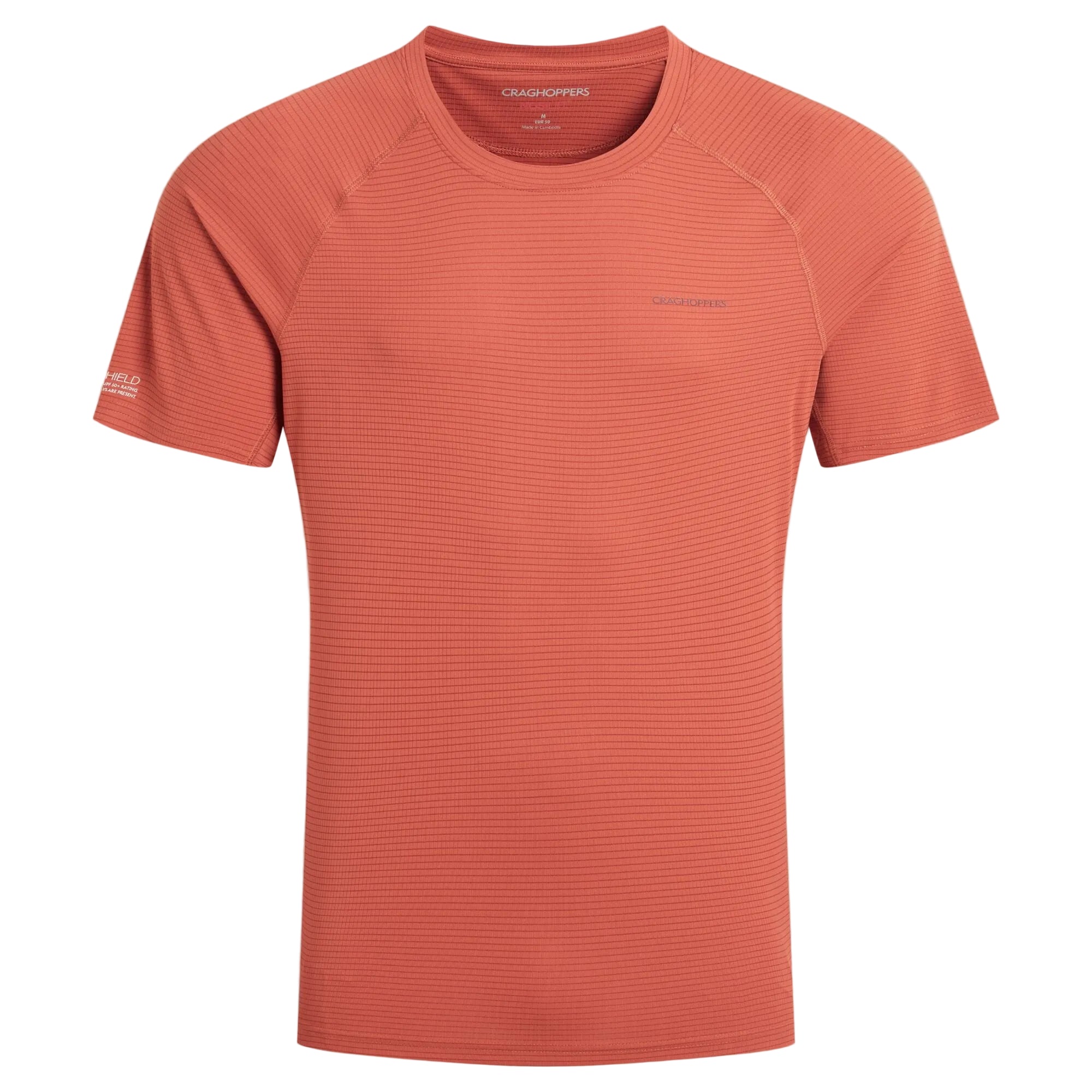 Coral t-shirt with a brand logo on a beige background
