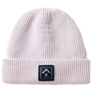 A light pink ribbed knit beanie hat with a black square patch on the front cuff featuring a white mountain logo and the text 'CAMEL CO'.