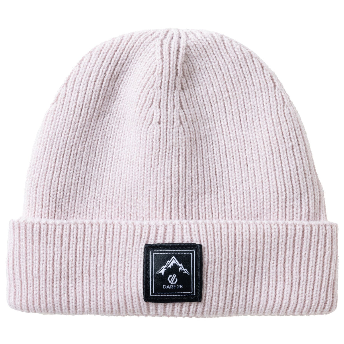 A light pink ribbed knit beanie hat with a black square patch on the front cuff featuring a white mountain logo and the text 'CAMEL CO'.