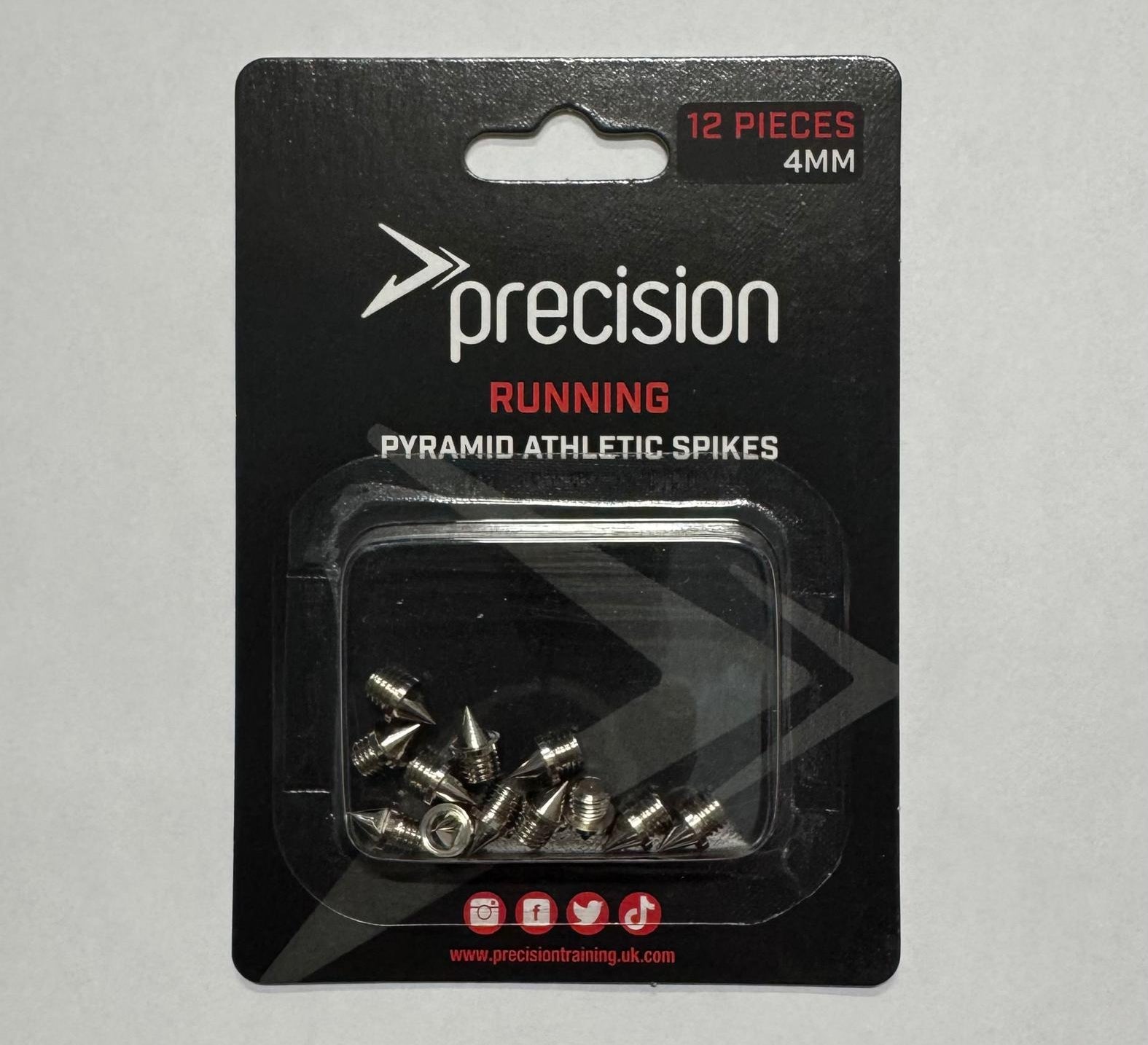 Packaging of precision running pyramid athletic spikes on a gray background