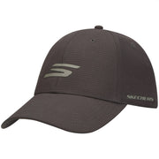 A dark brown Skechers baseball cap with a subtle grid texture, featuring a light gray logo on the front and the Skechers brand name on the side, set against a plain white background.