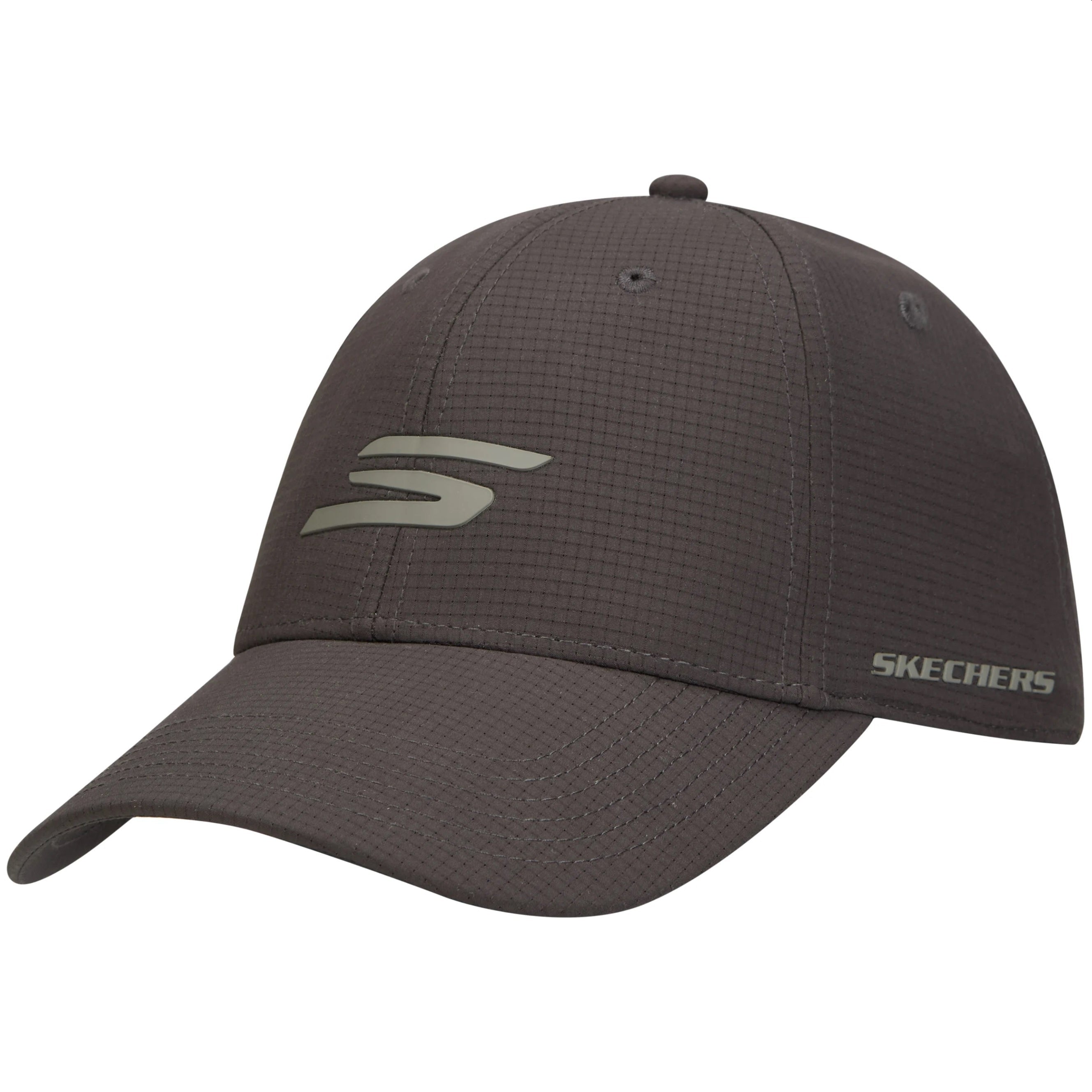 A dark brown Skechers baseball cap with a subtle grid texture, featuring a light gray logo on the front and the Skechers brand name on the side, set against a plain white background.