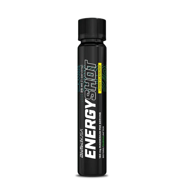 BioTechUSA Energy Shot pre-workout supplement bottle, 30 mL, in black with white and green text, on a white background.