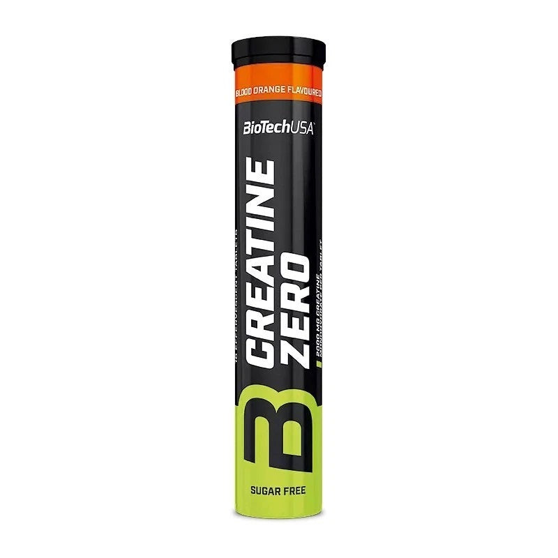 BioTechUSA Creatine Zero supplement tube in orange and lime green flavor, shown on a plain white background.