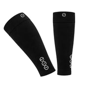Pair of black compression sleeves with a logo on a white background