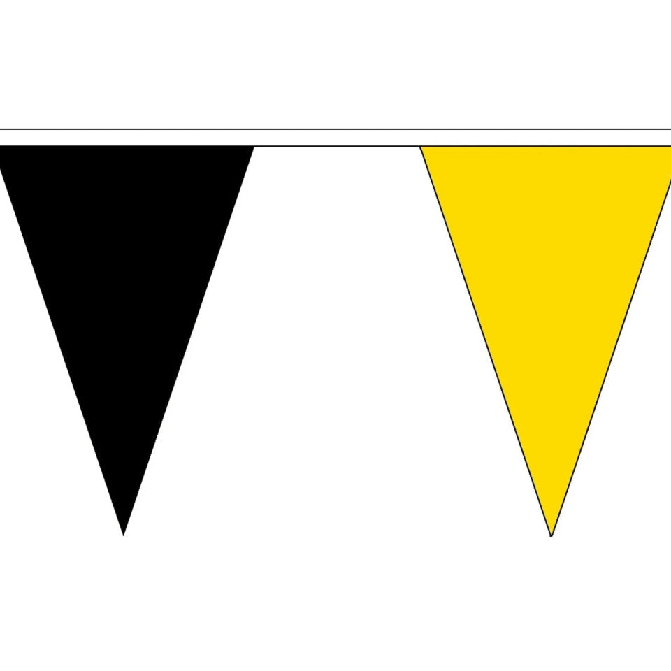 Black and yellow triangular flags on a white background