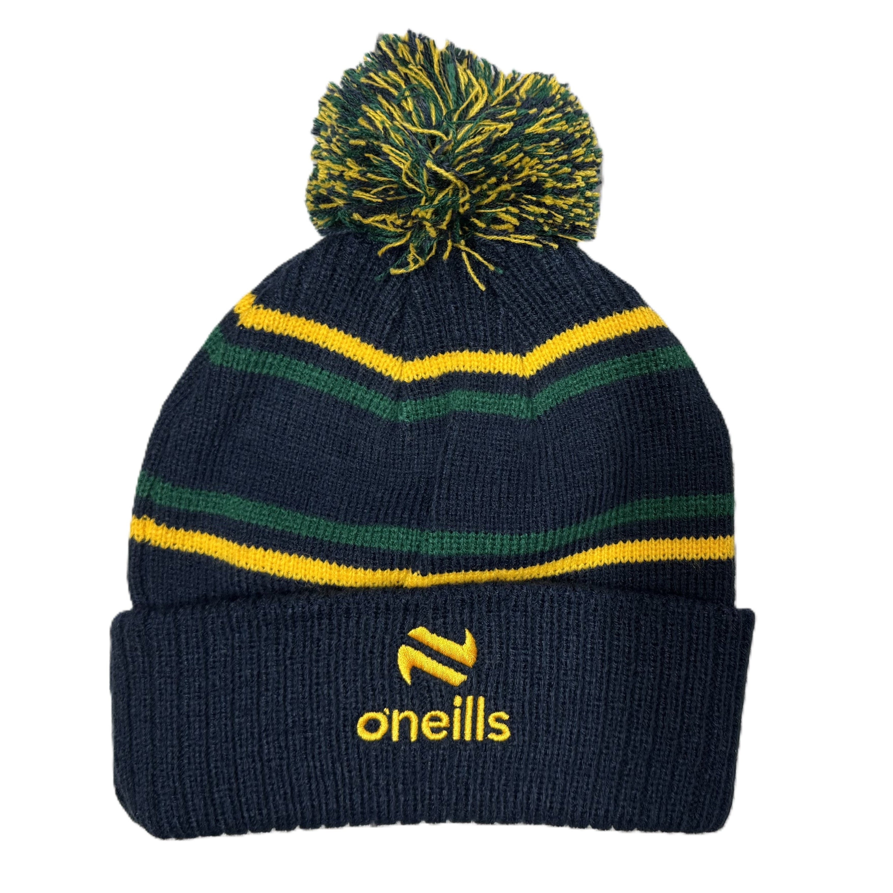 Knitted beanie with striped pattern and pom-pom on a white background, featuring the O'neills logo.