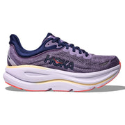 Purple running shoe with white sole on a white background