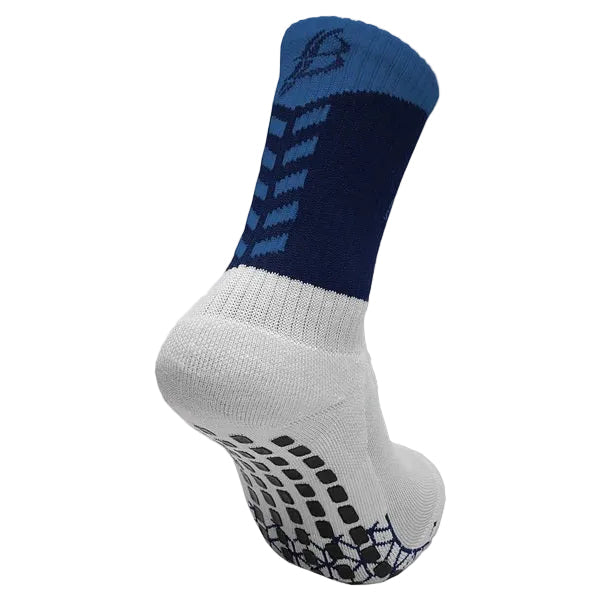 White and blue sock with black pattern on a white background