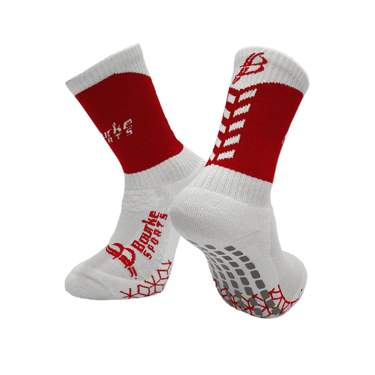 White socks with red accents and branding on a light gray background