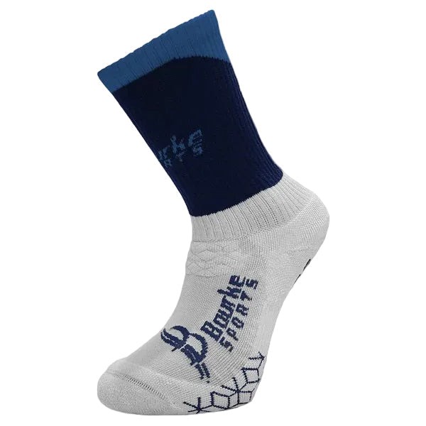 Gray and blue socks with branding on a white background