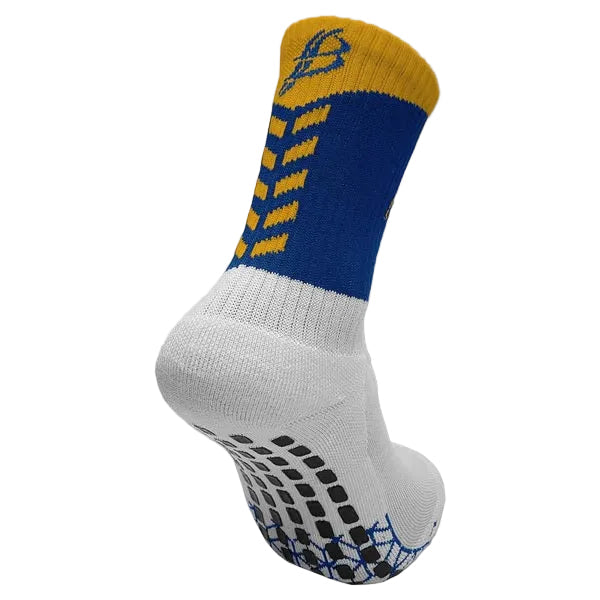 Gray sock with blue and yellow pattern on a white background