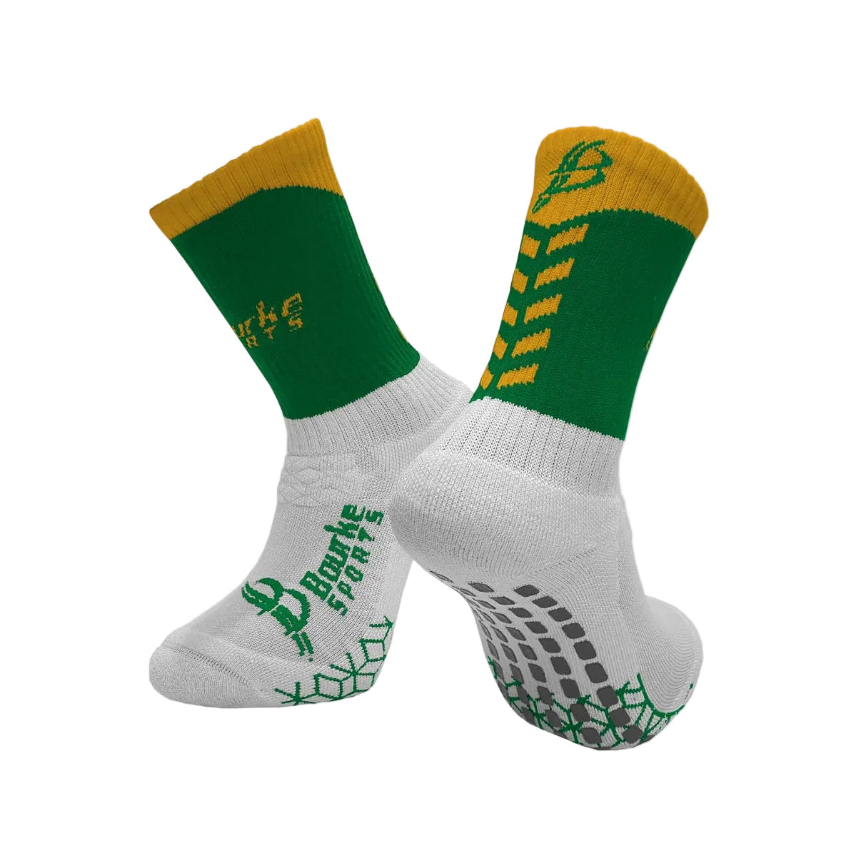 Pair of socks with green and yellow accents on a white background