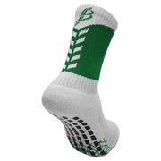White and green sock with pattern on a white background