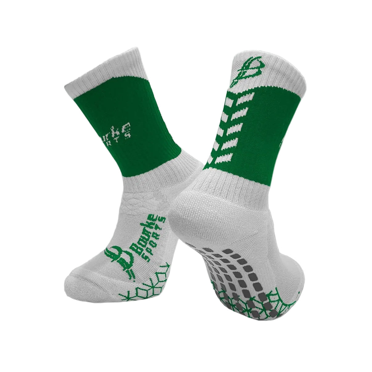 Pair of green and white socks with text on a white background