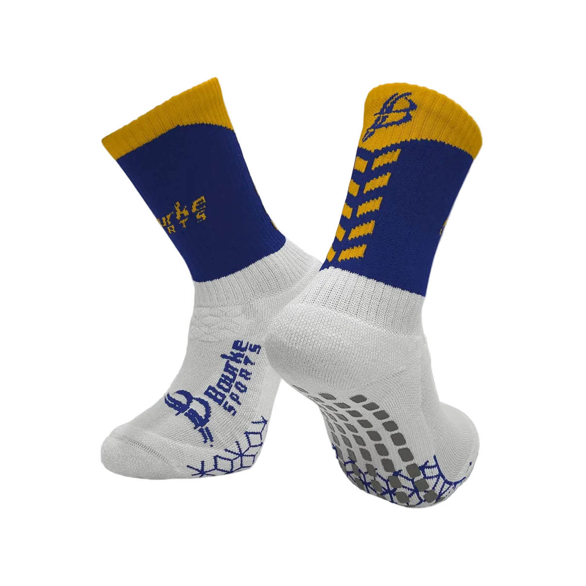 Pair of socks with blue and yellow accents on a white background