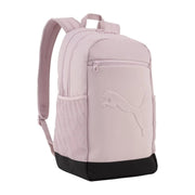A light pink Puma backpack with a black base, featuring an embossed Puma logo on the front pocket and mesh side pockets, shown against a plain white background.